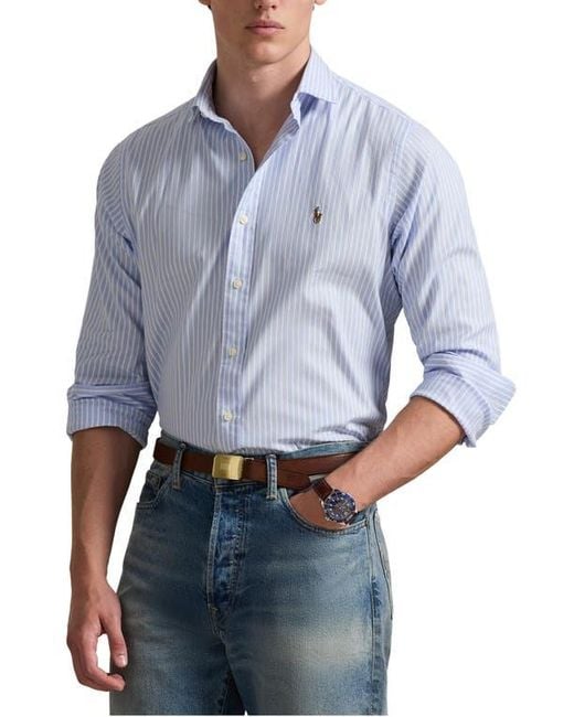 Polo Ralph Lauren Blue Classic Fit Stripe Stretch Cotton Button-Up Oxford Shirt for men