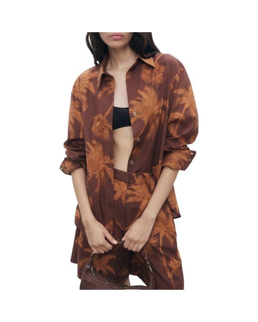 Mango Brown Palm Print Cotton Button-Up Shirt