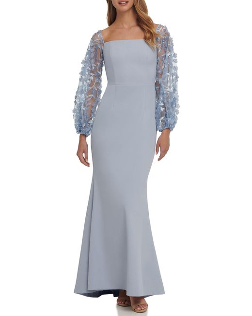 Eliza J Blue Long Sleeve Floral Appliqué Gown