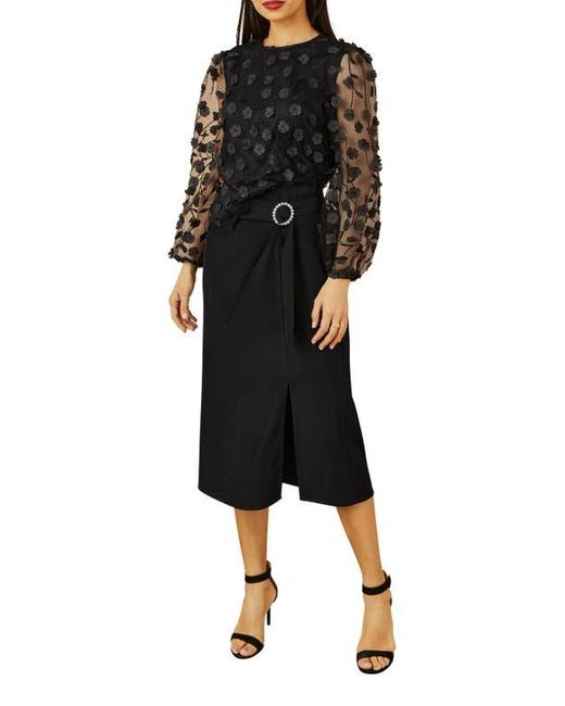 Yumi' Black Long Sleeve Sheer Floral Top