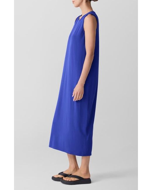 Eileen Fisher Blue Round Neck Oval Stretch Sleeveless Midi Dress
