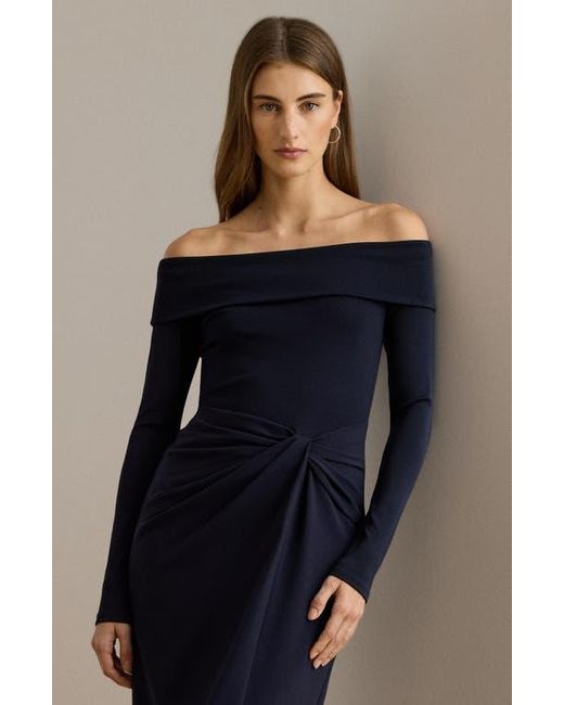 Ralph Lauren Blue Off The Shoulder Long Sleeve Rib & Crepe Gown