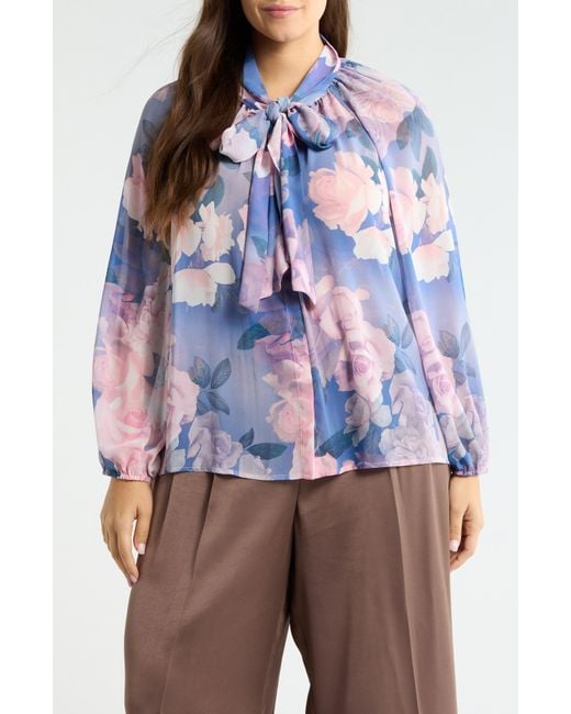 Tahari Blue Printed Ruffle Top