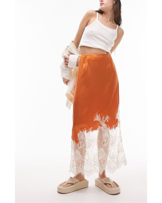 TOPSHOP Orange Premium Lace Insert Midi Skirt
