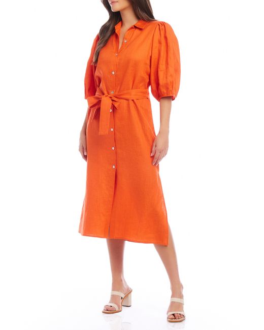 Karen Kane Orange Puff Sleeve Linen Midi Shirtdress