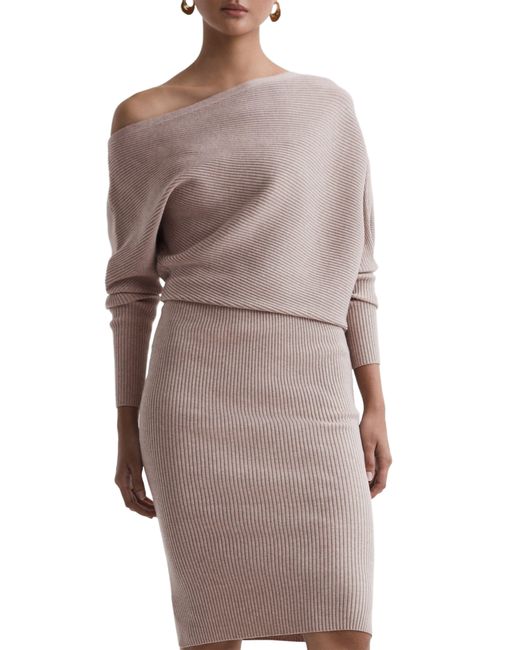 Reiss Natural One-shoulder Long Sleeve Rib Sweater Dress