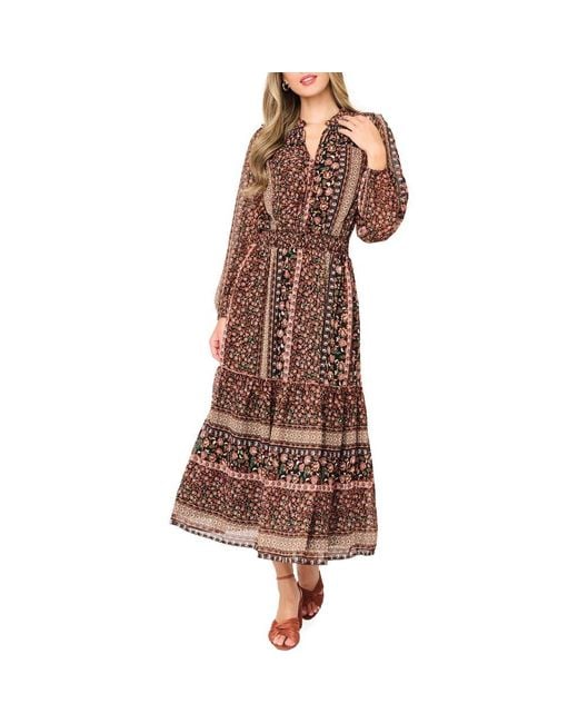 Gibsonlook Women's Brown The Leyla Floral Print Long Sleeve Maxi Dress Gibsonlook Women's Brown The Leyla Floral Print Long Sleeve Maxi Dress