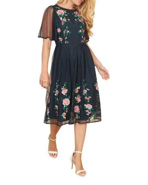 Yumi' Blue Embroidered Mesh Sleeve Prom Dress