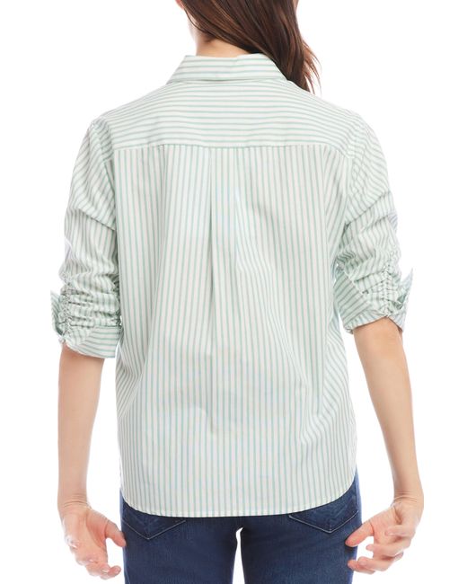 Karen Kane White Ruched Sleeve Cotton Button-up Shirt At Nordstrom