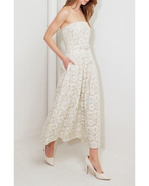 FREEMARKET White Strapless Belted Cotton Blend Lace Cocktail Dress
