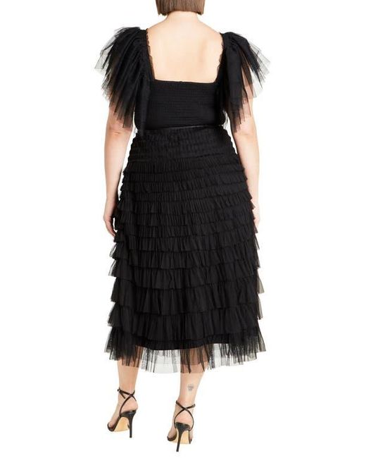 City Chic Black Azariah Shirred Tulle Sleeve Bodysuit