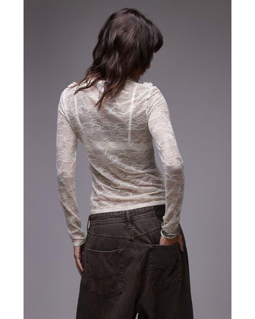 TOPSHOP Gray Lace Ruffle Front Long Sleeve Top