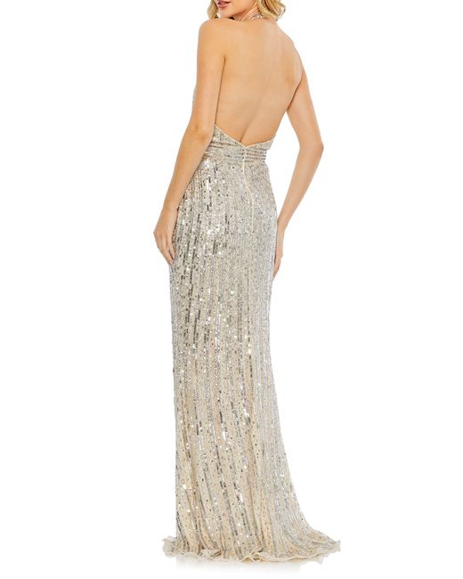 Mac Duggal Natural Sequin Halter Neck Sheath Gown