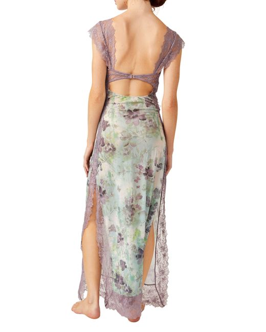 Free People Purple Suddenly Fine Floral Print Cutout Lace Trim Nightgown