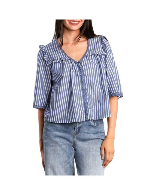 BILLY T Blue Juliet Lace & Ruffle Cotton Blend Top