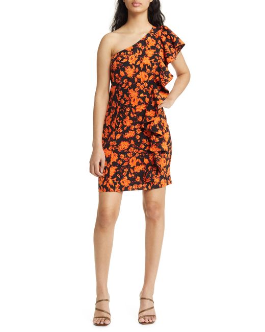 Chelsea28 Orange Floral Ruffle One-shoulder Dress