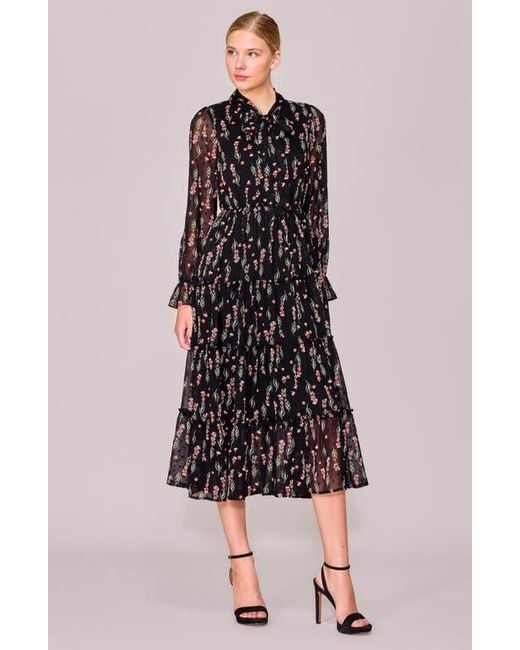 MELLODAY Black Tie Front Long Sleeve Tiered Midi Dress