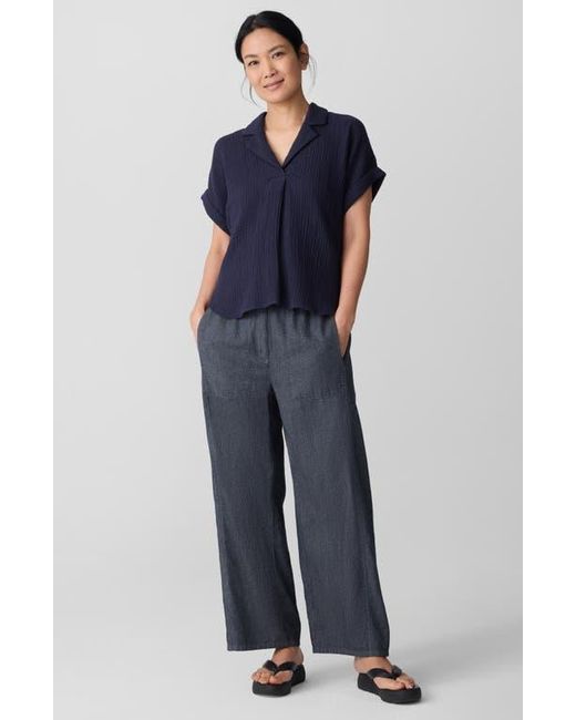 Eileen Fisher Blue Notch Collar Roll Cuff Shirt