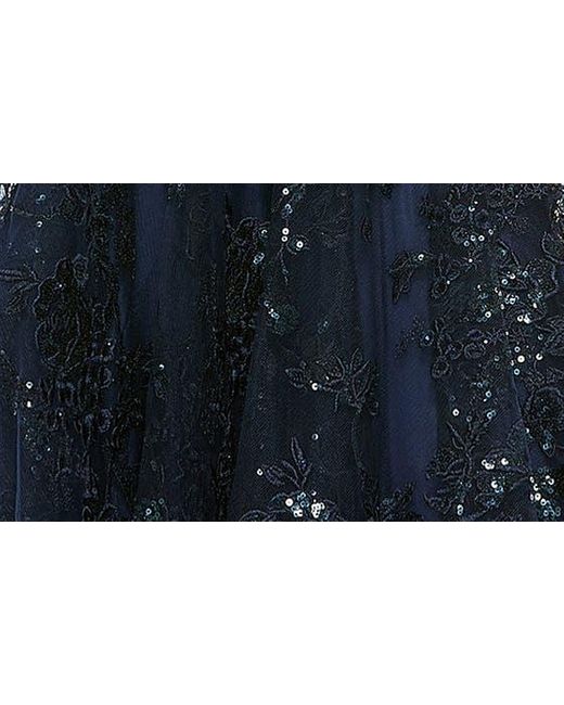 Mac Duggal Blue Sequin Floral Long Sleeve Tulle Midi Dress