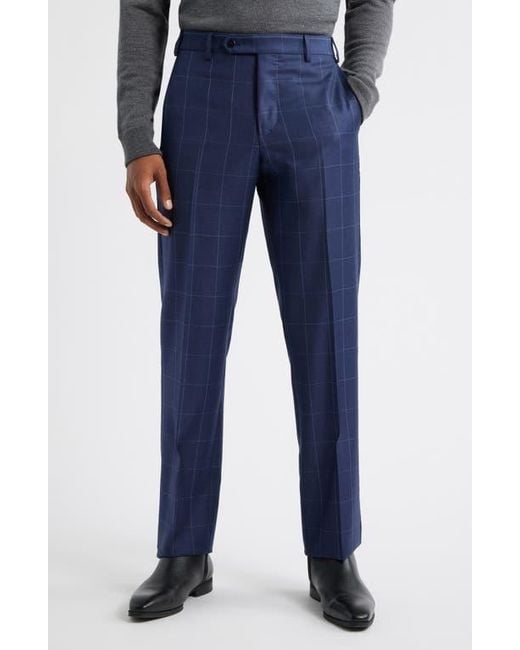 Zanella Blue Devon Flat Front Windowpane Wool Dress Pants for men