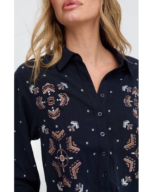 Raffya Blue Anai Half Placket Embroidered Blouse