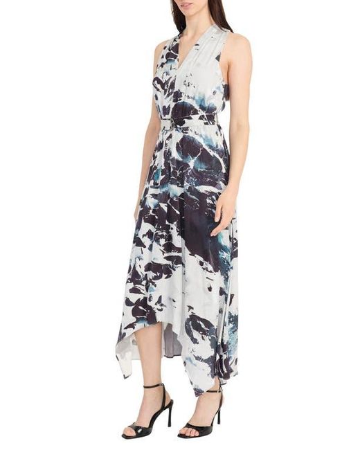 Maggy London Blue Abstract Print Belted Handkerchief Hem Midi Dress