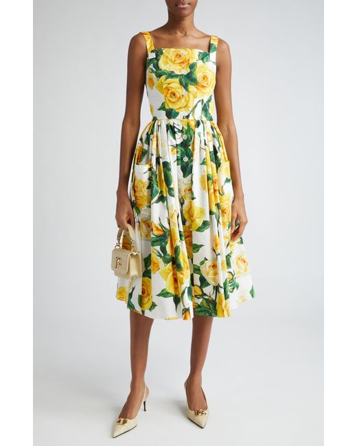 Dolce & Gabbana Yellow Rose Print Pleated Cotton Midi Dress