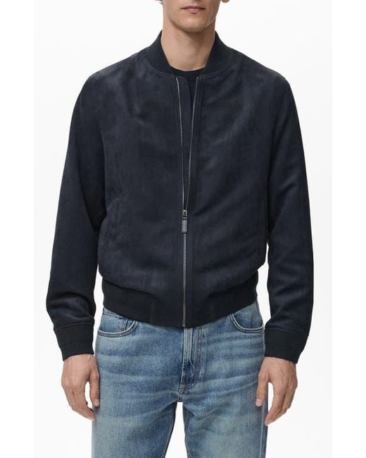 Mango Blue Faux Suede Bomber Jacket for men