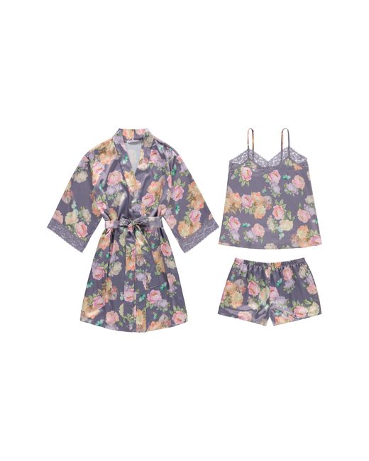 Flora Nikrooz Gray Sabrina Floral Print Satin Short Pajamas & Robe Set