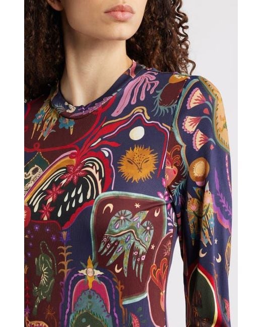 Farm Rio Red Artsy Surreal Long Sleeve Floral Jersey Dress