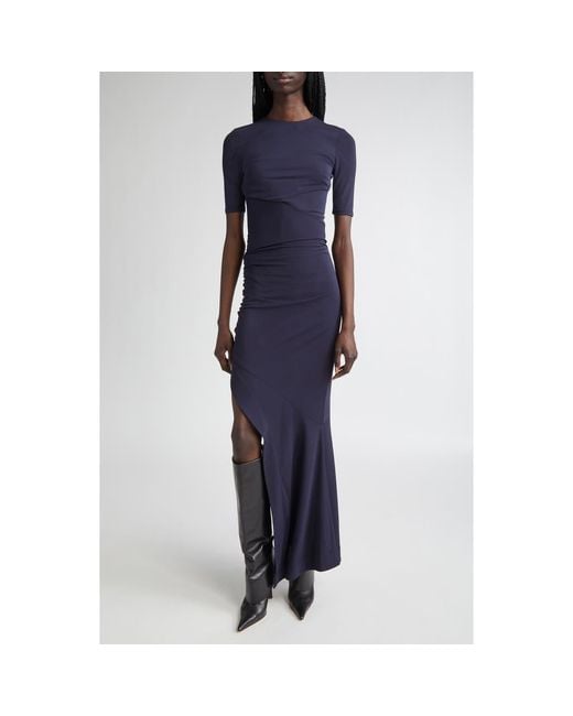 Monse Women's Blue Ruched Fitted T-Shirt Maxi Dress