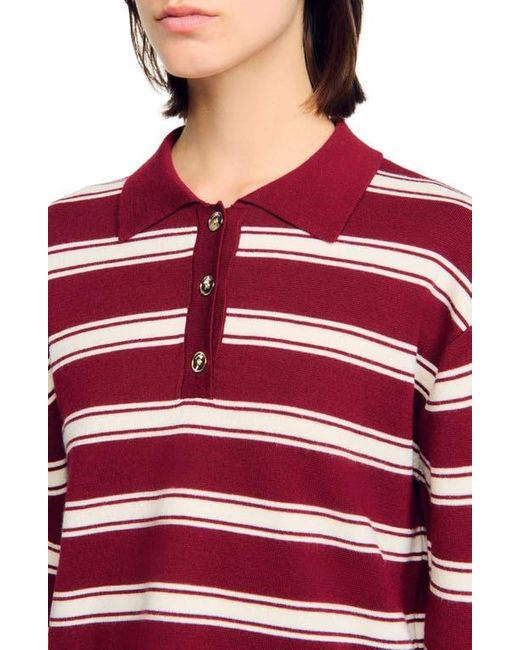 Sandro Red Wool Striped Polo Sweater