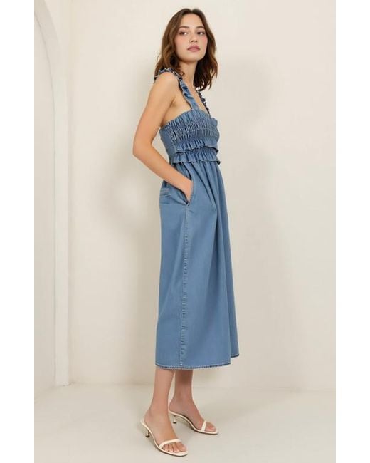 Modenaire Blue Smocked Ruffle Strap Square Neck Flowy Midi Dress