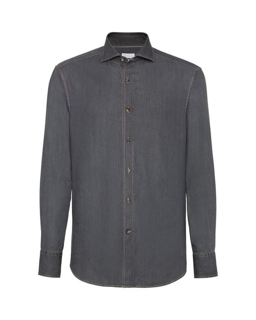 Brunello Cucinelli Gray Spread Collar Shirt for men