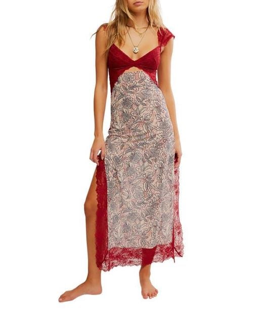 Free People Red Suddenly Fine Floral Print Cutout Lace Trim Nightgown