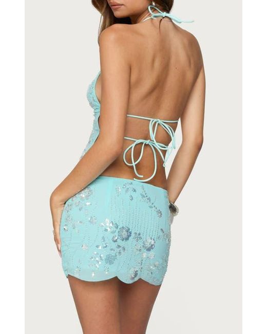 Edikted Blue Nelley Sequin Beaded Open Back Halter Top