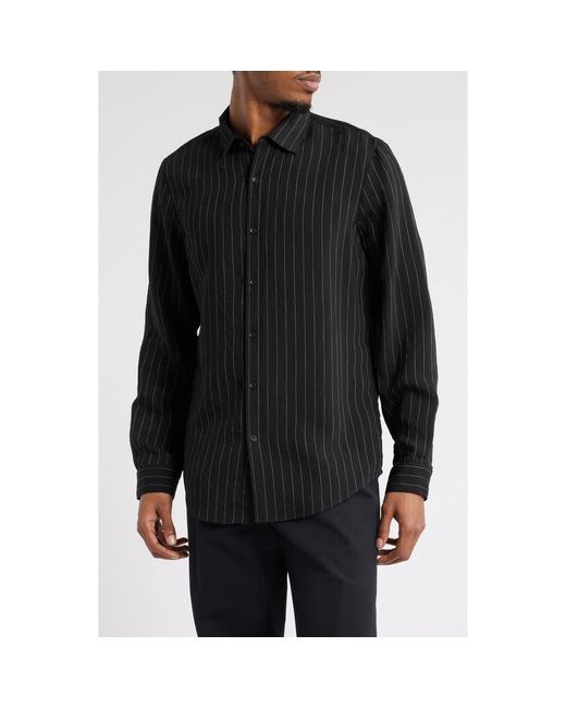 Open Edit Black Textured Pinstripe Button-Up Shirt for men