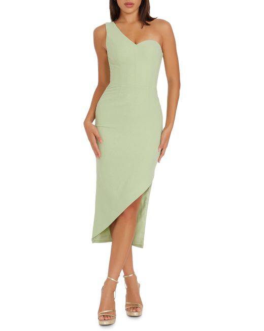 Dress the Population Green Magnolia One-shoulder Asymmetric Body-con Midi Dress