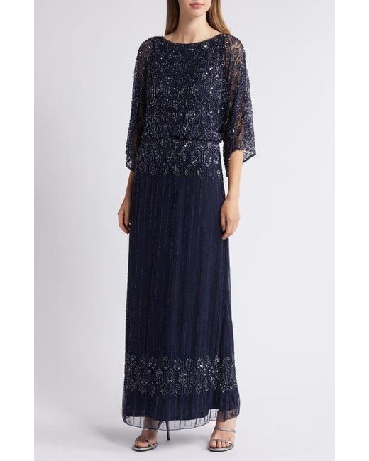 Pisarro Nights Women's Blue Beaded Blouson Split Sleeve Gown Pisarro Nights Women's Blue Beaded Blouson Split Sleeve Gown