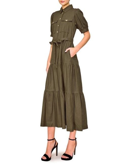 MELLODAY Green Puff Sleeve Linen Blend Maxi Shirtdress