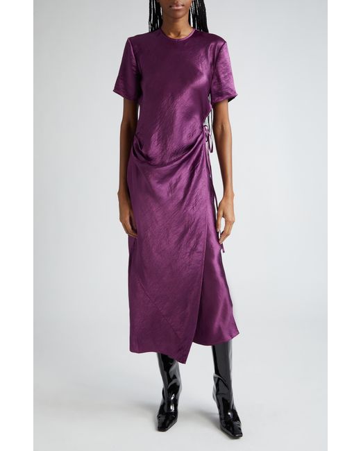 Acne Purple Daika Textured Satin Faux Wrap Midi Dress