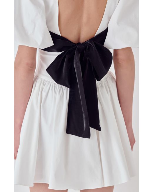 Endless Rose White Contrast Bow Puff Sleeve Minidress