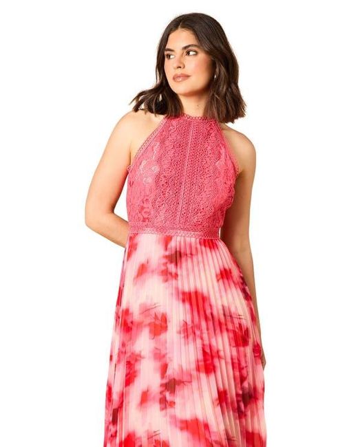 Oasis Red Printed Lace Mix Halterneck Midi Dress