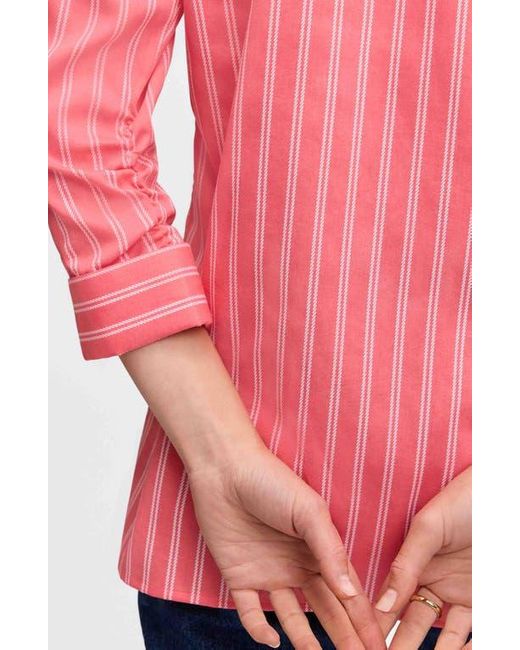 Foxcroft Pink Evelyn Stripe Three-Quarter Sleeve Cotton Button-Up Shirt