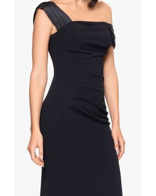 Betsy & Adam Black Ruched Off The Shoulder Scuba Column Gown