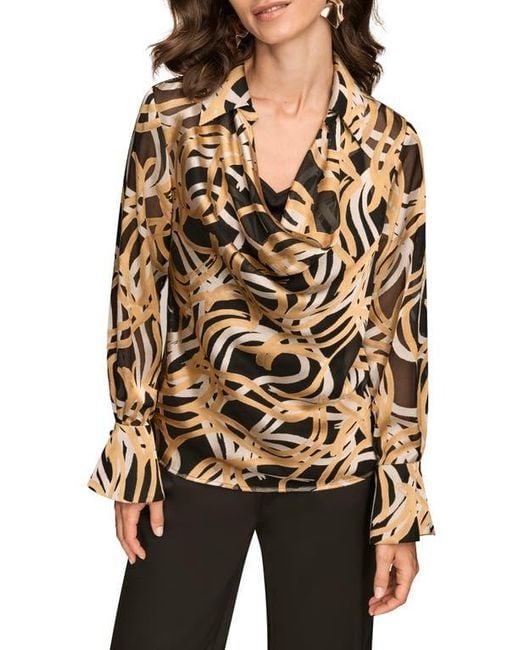 Donna Karan Black Burnout Print Cowl Neck Top