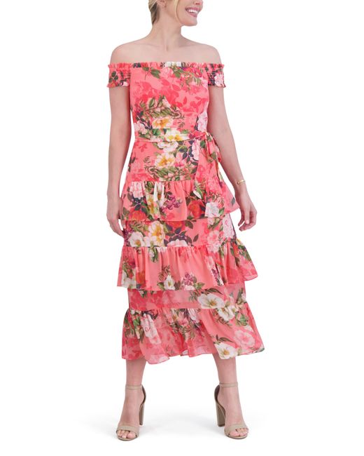 Eliza J Floral Off The Shoulder Tiered Midi Dress