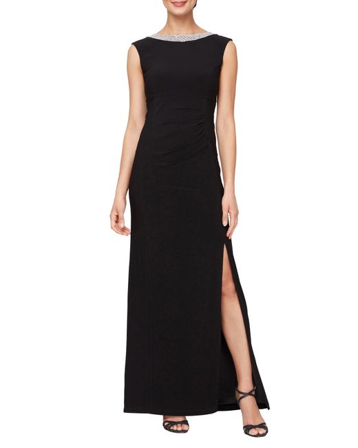 Alex Evenings Black Embellished Neck Sleeveless Jersey Gown