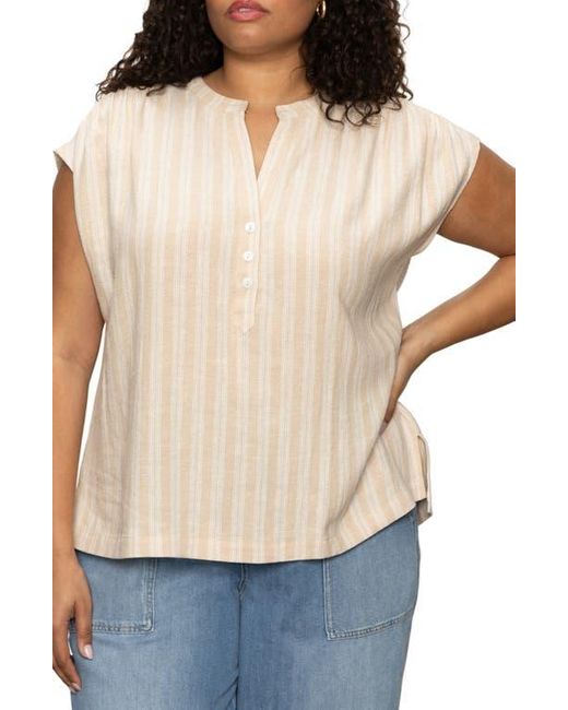 Sanctuary Natural By The Bay Stripe Short Sleeve Linen Blend Button-Up Shirt