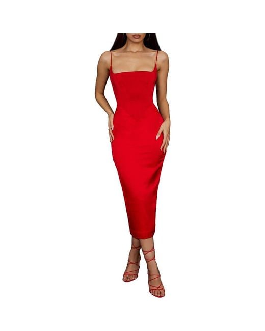 House Of Cb Women's Red Anais Satin Corset Midi Dress